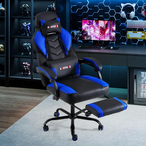 Miniatura 2 de ECOTOUGE Silla de juegos con reposapiés, silla grande y alta con soporte lumbar de masaje, silla ergonómica con respaldo alto reclinable, silla Azul