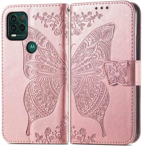 Miniatura 2 de Funda para Motorola Moto G Stylus 5G 2021, funda protectora de piel sintética en relieve de mariposa con función atril, ranuras para tarjetero, Azul