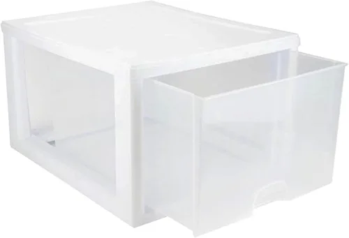 Miniatura 9 de Sterilite Paquete de 8 cajones apilables de 27 cuartos de galón, organizador de armario de almacenamiento transparente, marco blanco, cajones