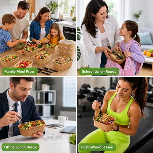 Miniatura 5 de Paquete de 50 cuencos desechables de papel kraft de 19 onzas con tapas y tenedores, recipientes desechables para preparación de comidas, cuencos