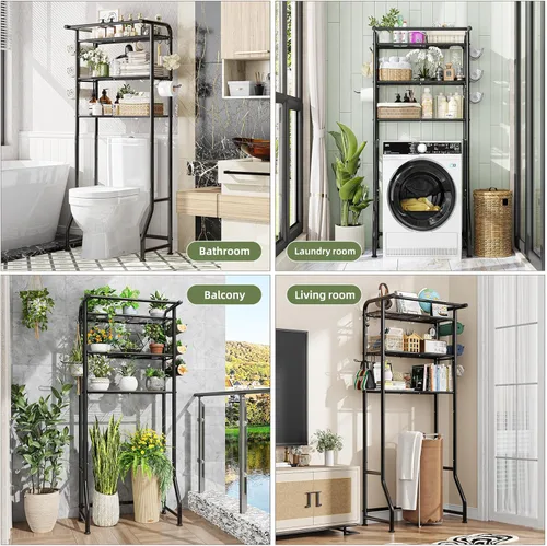 Miniatura 3 de Simple Trending Sobre el gabinete de almacenamiento del inodoro, organizador de estante de baño de metal con soporte para papel y ganchos, 3 Negro