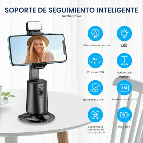 Miniatura 2 de Trípode de seguimiento facial automático giratorio de 360°, soporte para fotos y video, sin aplicación, soporte para cámara con control remoto