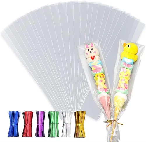 100 bolsas de celofán de 3 x 11 pulgadas, transparentes, largas, planas, para regalo, bolsas de pretzel transparentes con 6 colores mezclados para