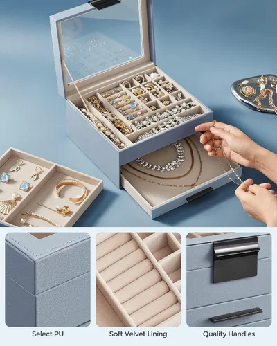 Miniatura 5 de SONGMICS Joyero con tapa de vidrio, organizador de joyas de 3 capas, 2 cajones, para joyas grandes y pequeñas, almacenamiento de joyas