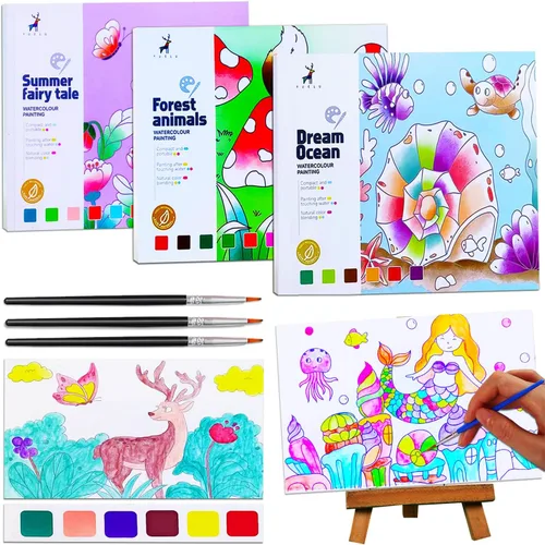 JUNQIU Juego de 3 Sets de Pintura de Acuarela para Niños, Libros de Pintar con Agua, Libro de Pintura de Acuarela de Bolsillo, Artes y Manualidades