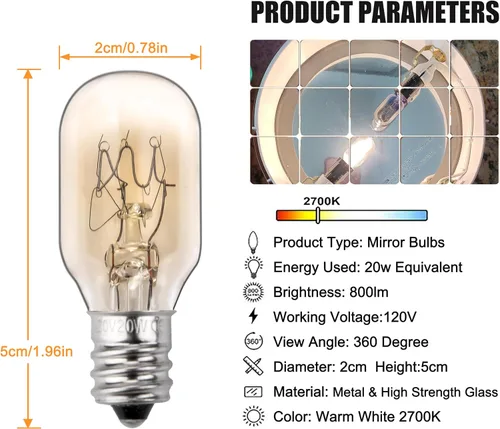 Miniatura 2 de Reemplazo de bombilla incandescente de 20 W, 120 V, adecuado para espejo de maquillaje iluminado Conair RP34B, base de portavelas E12, 2700 K