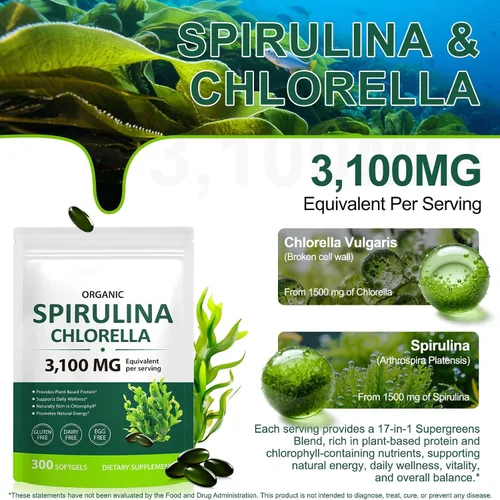 Miniatura 8 de Cápsulas de Spirulina Chlorella, mezcla de superverdes 17 en 1 rica en proteínas, clorofila, vitaminas, apoya la energía, la salud inmune