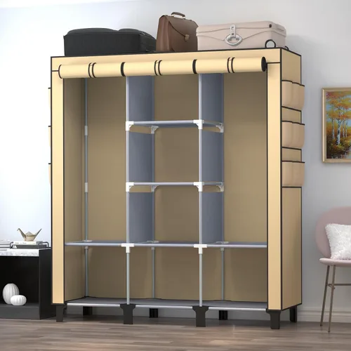 Miniatura 4 de Armario portátil con 10 estantes de almacenamiento y 2 postes para colgar, 18 bolsillos laterales no tejidos, tamaño 51.2 x 17.7 x 67.7 in, Beige