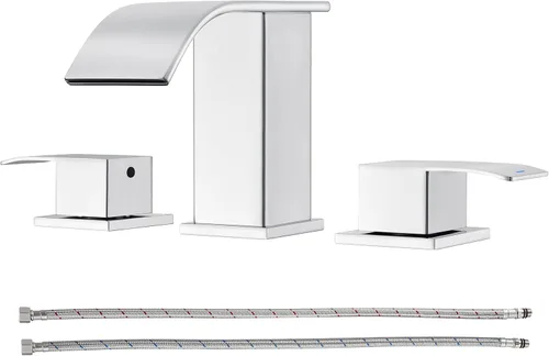 Miniatura 13 de Grifo de baño de cascada de oro cepillado de 8 pulgadas, grifos de baño para fregadero de 3 agujeros, grifo de lavabo de baño generalizado 2 asas
