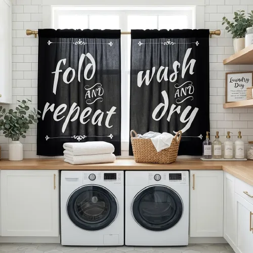 Miniatura 15 de zokyer Cortinas de cocina en blanco y negro con frases de lavado con palabras impresas en seco, divertidas, simples, pequeñas, cortas, 27.5 pulgadas