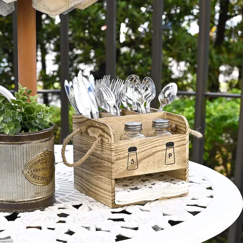 Miniatura 5 de Ikee Design Organizador de utensilios de madera, organizador de cubiertos con 5 ranuras, cuenta con asas e incluye salero y pimentero, ideal