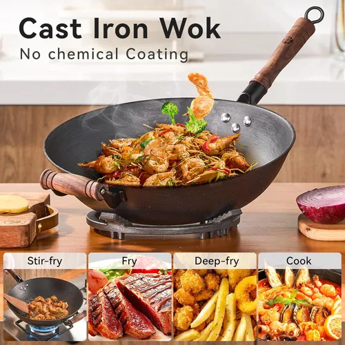 Miniatura 3 de WANYUANJI Wok de hierro fundido, wok de fondo plano de 12.59 pulgadas con tapa de vidrio, adecuado para todos los fogones, olla de artesanía