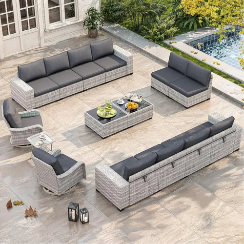 Miniatura 61 de Juego de muebles de mimbre para patio al aire libre de 3 piezas, sillas de patio giratorias mecedoras con respaldo alto con cojines gruesos de 4