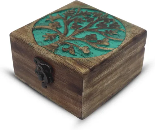 Miniatura 38 de Urna de madera antigua hecha a mano con grabado del árbol de la vida tallada a mano para mujeres y hombres, joyas Acentos de decoración del hogar