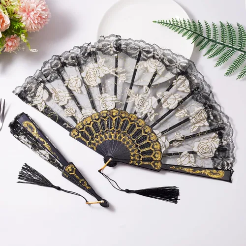 Miniatura 4 de Sepwedd 30 abanicos de mano plegables con diseño floral de rosa negra, ventilador plegable retro chino para novia, accesorios de baile de novia