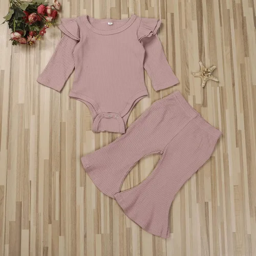 Miniatura 2 de Ropa para bebé y niña, acanalado, con volantes, manga larga, mameluco, pantalones acampanados, color sólido, otoño, invierno, trajes de 2 piezas