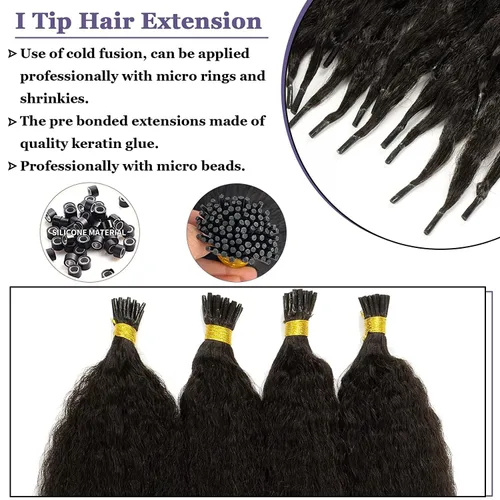 Miniatura 4 de Anrosa Extensiones de cabello humano con punta en I, cabello liso y rizado, 12 pulgadas, negro natural, extensiones de cabello Itip, cabello humano