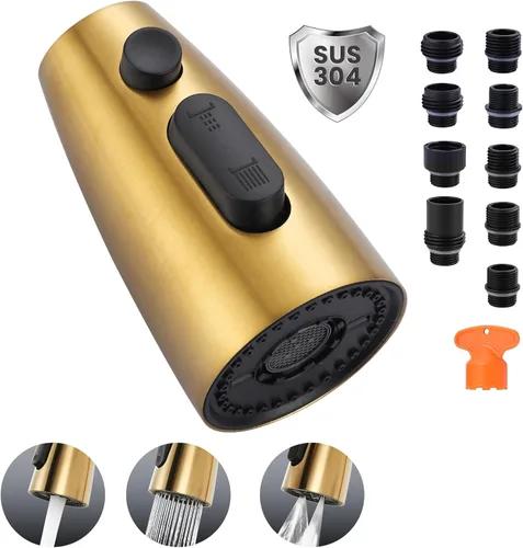 Miniatura 17 de Repuesto de cabezal de grifo de cocina: cabezal rociador de acero inoxidable, 3 modos de boquilla de pulverización extraíble con 9 adaptadores