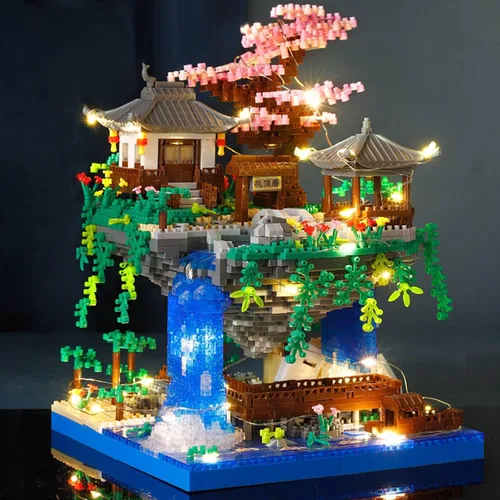 Miniatura 6 de Vziimo Juego de micro bloques de construcción de árbol bonsái de cerezo, arquitectura china, kits de estanque de flor de melocotón, árbol de sakura
