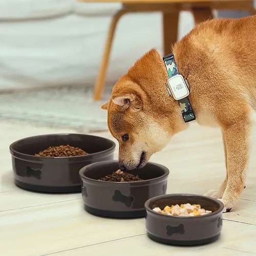 Miniatura 3 de Sweejar Cuencos de cerámica para perros con patrón de huesos, plato de comida para perros grandes, cuenco de porcelana para agua de 70 onzas Marrón
