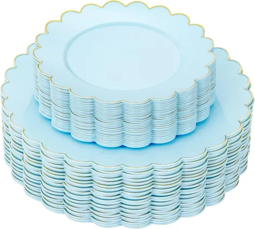 Miniatura 15 de LIYH - 120 platos de plástico azul bebé con borde dorado, platos desechables de plástico azul claro, incluye 60 platos llanos de 10.25 pulgadas y 60