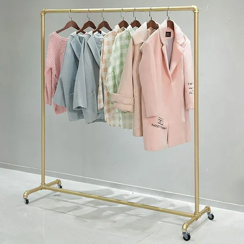 DYRABREST Perchero industrial para ropa de tubería de 47 x 63 pulgadas, color dorado, vintage, con ruedas, estante de exhibición de ropa de metal