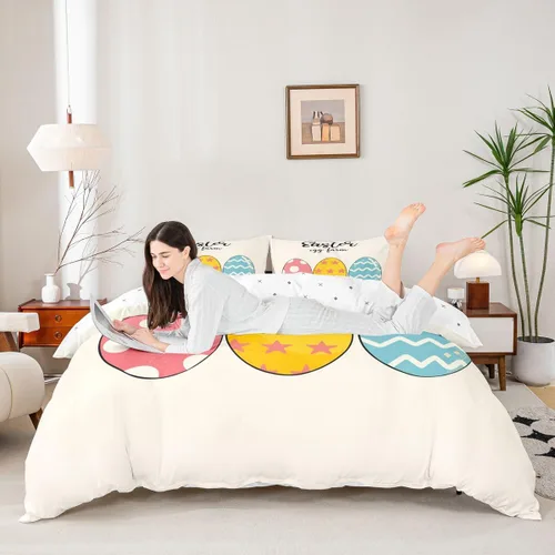 Miniatura 3 de jejeloiu Juego de ropa de cama de Pascua para niñas y niños, huevos de Pascua, juego de funda de edredón decorativa colorida para el día de Pascua