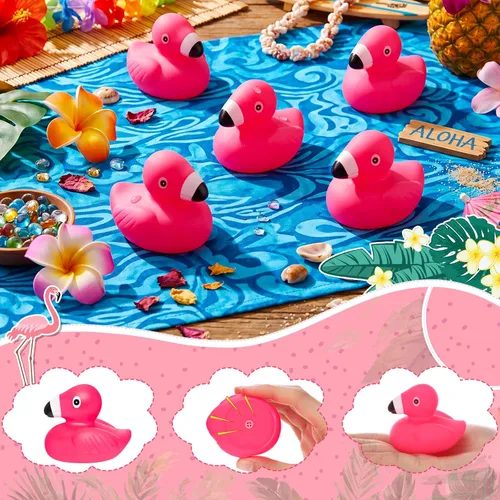 Miniatura 2 de Honoson 24 patos de goma flamencos a granel flamencos rosados recuerdos de fiesta juguete de baño piscina flotante chirriante patos de goma