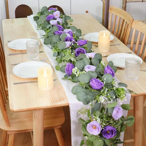 Miniatura 27 de TOCHGREEN Paquete de 2 Guirnaldas de Flores de Eucalipto Artificial de 12 Pies con Rosas Champán, Guirnalda de Flores de Rosa Falsa Verdor