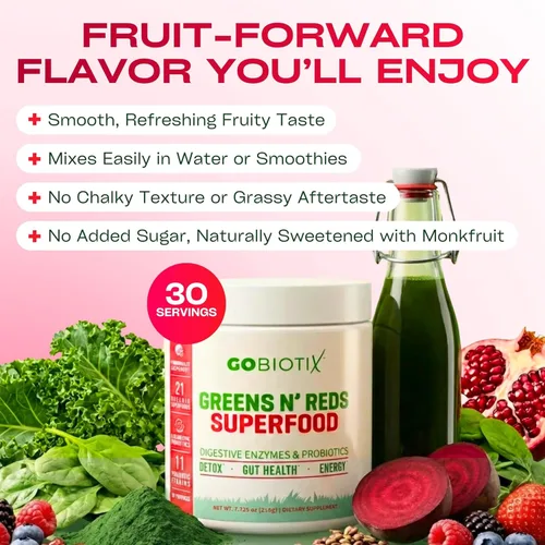 Miniatura 6 de GoBiotix Polvo súper verdes y polvo súper rojos: Superalimento vegano rojo y verde sin OMG + probióticos, enzimas, alimentos integrales orgánicos