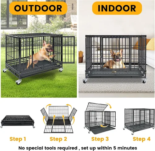 Miniatura 9 de Jaula apilable para perros de 36 pulgadas con ruedas con bloqueo, acceso superior, resistente e indestructible a prueba de escapes, jaula
