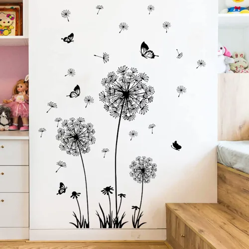 Miniatura 6 de Calcomanías creativas de pared de flor de diente de león, mariposa voladora, decoración del hogar para sala de estar, dormitorio, decoración