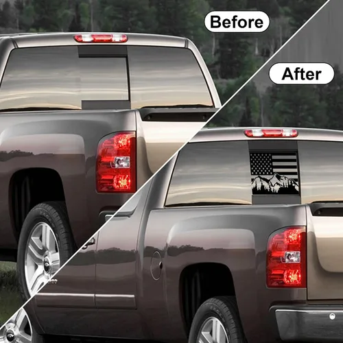 Miniatura 2 de Adhesivo para ventana trasera media de Chevy Silverado Sierra 2004-2018 Bandera de Estados Unidos de montaña de vinilo adhesivos mate negro