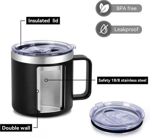 Miniatura 4 de VEGOND Taza de café aislada de 14 onzas con asa, taza de café de viaje de acero inoxidable con tapa, taza de café de metal al vacío de doble pared