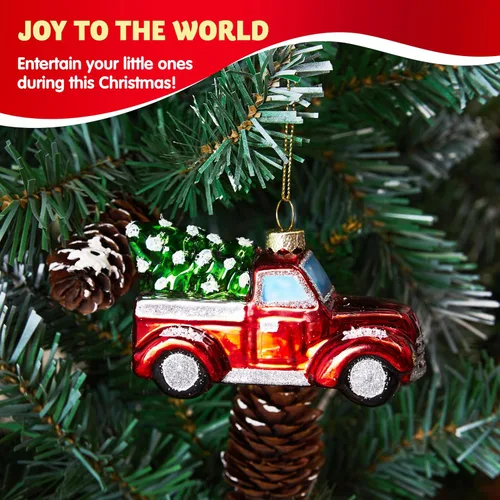 Miniatura 3 de Joiedomi Adornos Navideños Mini de Camión Rojo con Árbol, Adorno Pequeño y Divertido de Vidrio Soplado para Colgar en Árbol de Navidad, Decoraciones