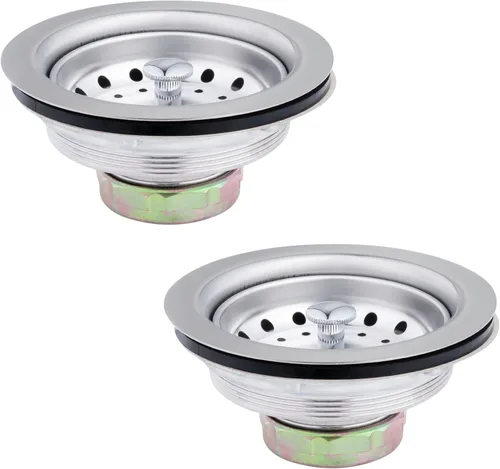 Artiwell Paquete de 2 coladores y tapones para fregadero de cocina, conjunto de drenaje de cocina de 3-1/2 pulgadas con colador y tapón de Cromado