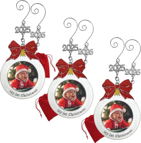 Miniatura 9 de Adorno fotográfico de la primera Navidad del bebé con un dije de 2025 - Con forma de bombilla con purpurina blanca y lazo rojo - Bolsa incluida