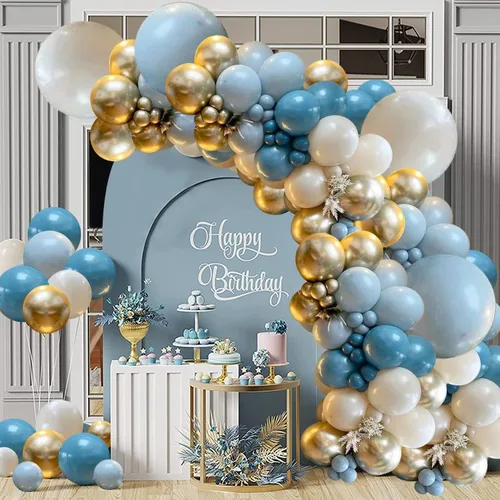 Miniatura 4 de Kit de guirnalda de globos azul polvoriento, azul niebla, azul real, azul pastel, arena, blanco, dorado metálico, globos de látex para despedida