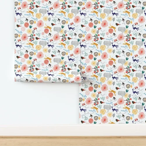 Miniatura 4 de Papel tapiz autoadhesivo de 12 x 2 pies – Flores de selva, elefante, guepardo, pájaro, mono, león, caprichoso, animales florales, habitación