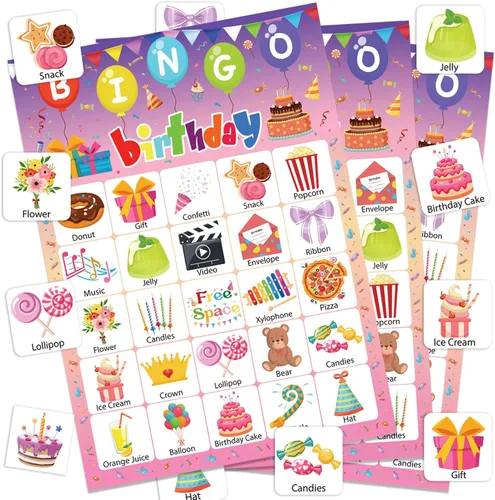 Juego de bingo de cumpleaños, 24 jugadores, fiesta de cumpleaños, juegos de bingo de cumpleaños, tarjetas de bingo de feliz cumpleaños, tarjetas de