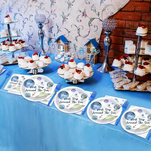 Miniatura 6 de Decoraciones para fiesta de cumpleaños de Primer viaje alrededor del sol, 96 piezas, temática espacio exterior, platos de papel, servilletas