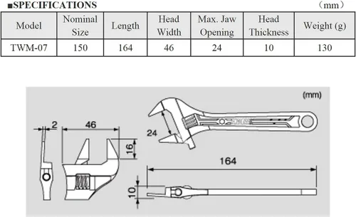 Miniatura 3 de ENGINEER TWM-07 Llave Ajustable de Mandíbulas Super Delgadas Llave Inglesa Inteligente Longitud: 6.457 in/Max. Apertura: 0.945 in