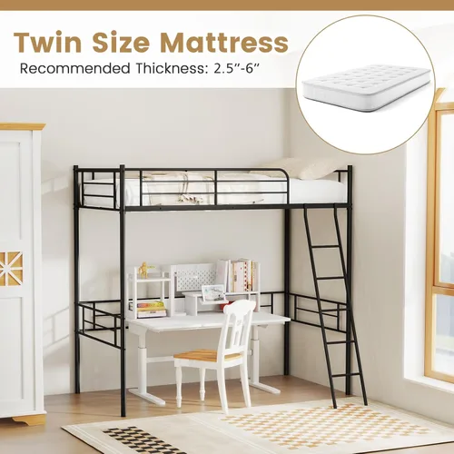 Miniatura 8 de KOMFOTT Cama tipo loft de metal tamaño individual, base de cama alta con escalera, barandilla de seguridad, litera loft que ahorra espacio