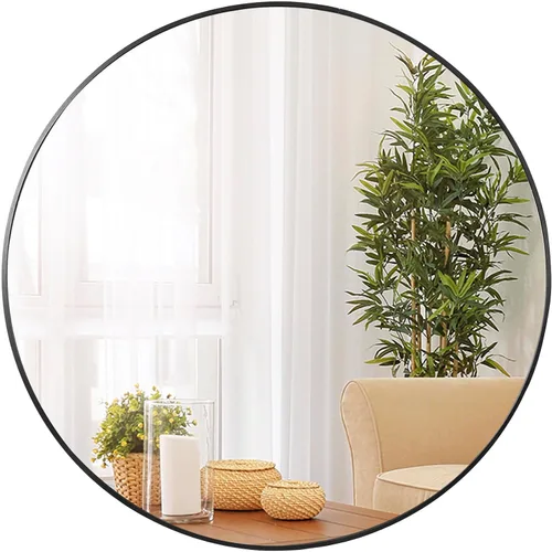 Miniatura 8 de SUPER DEAL Espejo redondo negro, espejo circular de 18 pulgadas para decoración de pared de baño, con marco de metal para baños, entradas, sala