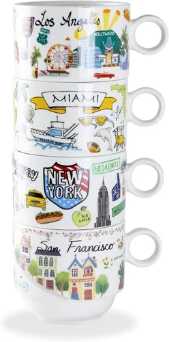 Miniatura 4 de Gracie China by Coastline Imports Juego de tazas de café apilables de porcelana de 4 piezas (Nueva York, San Francisco, Los Ángeles, Miami)