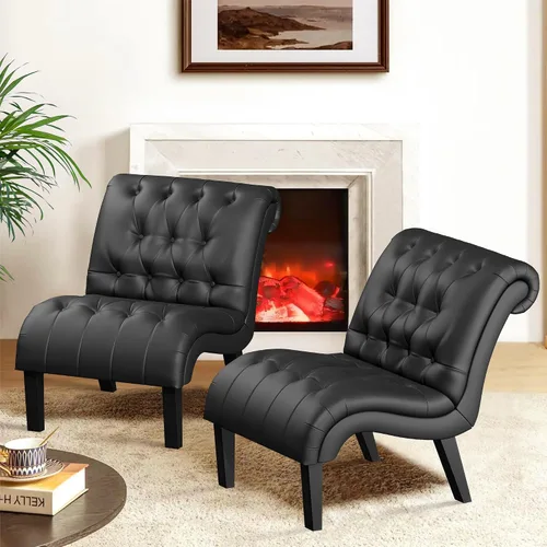 Miniatura 11 de Silla decorativa de piel sintética negra moderna con botones capitoné tapizada sin brazos para dormitorio, sala de estar con patas de madera