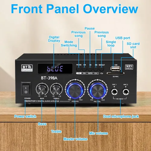 Miniatura 2 de Romica Amplificador de audio estéreo, 2 canales 450W+450W Bluetooth 5.0 amplificador de potencia de cine en casa con radio FM, USB, SD, entradas