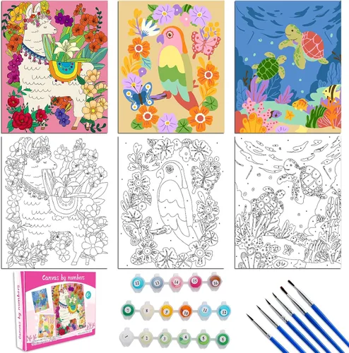Kit de pintura por números para niños de 8 a 12 años, lienzo enmarcado de 10 x 8 pulgadas con 17 macetas de pintura acrílica y 6 pinceles,