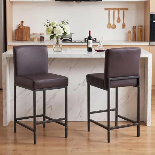 Miniatura 16 de Juego de 2 taburetes de bar de 24 pulgadas de altura de mostrador con respaldo, sillas de bar modernas tapizadas de piel sintética para isla