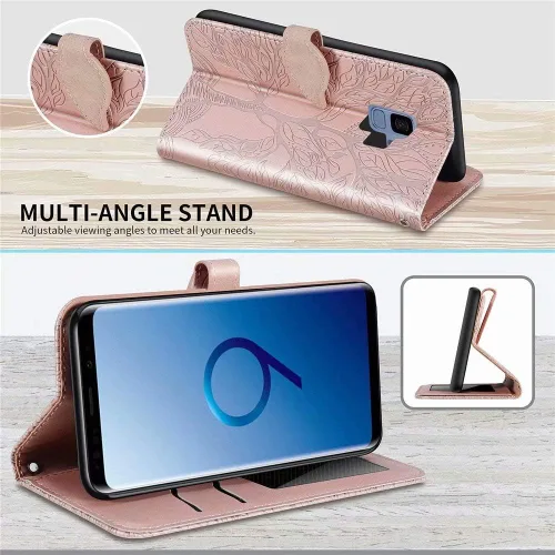 Miniatura 4 de Funda tipo cartera para Samsung Galaxy S9, piel sintética de alta calidad con diseño de árbol en relieve, función atril, ranuras para tarjetas